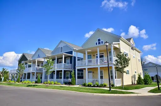 Exterior shot of properties with patios at VC District at Tuttle community.